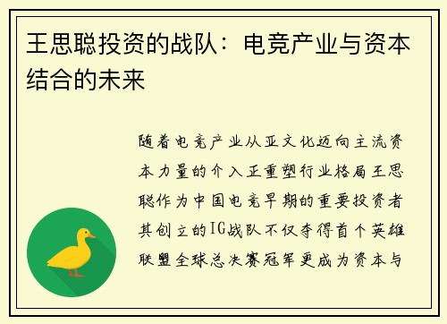 王思聪投资的战队：电竞产业与资本结合的未来