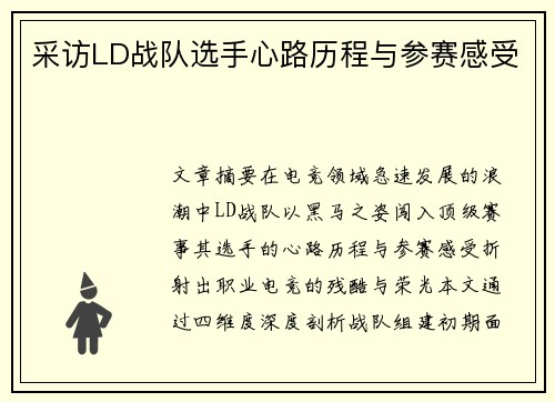 采访LD战队选手心路历程与参赛感受