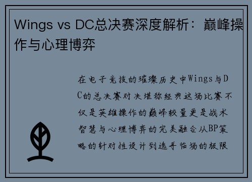 Wings vs DC总决赛深度解析：巅峰操作与心理博弈