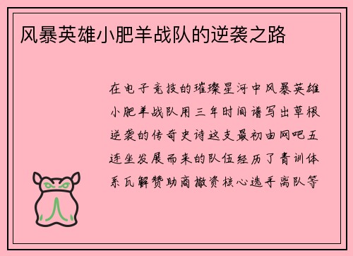 风暴英雄小肥羊战队的逆袭之路