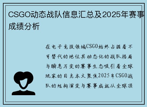 CSGO动态战队信息汇总及2025年赛事成绩分析