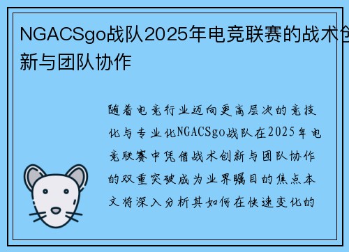 NGACSgo战队2025年电竞联赛的战术创新与团队协作